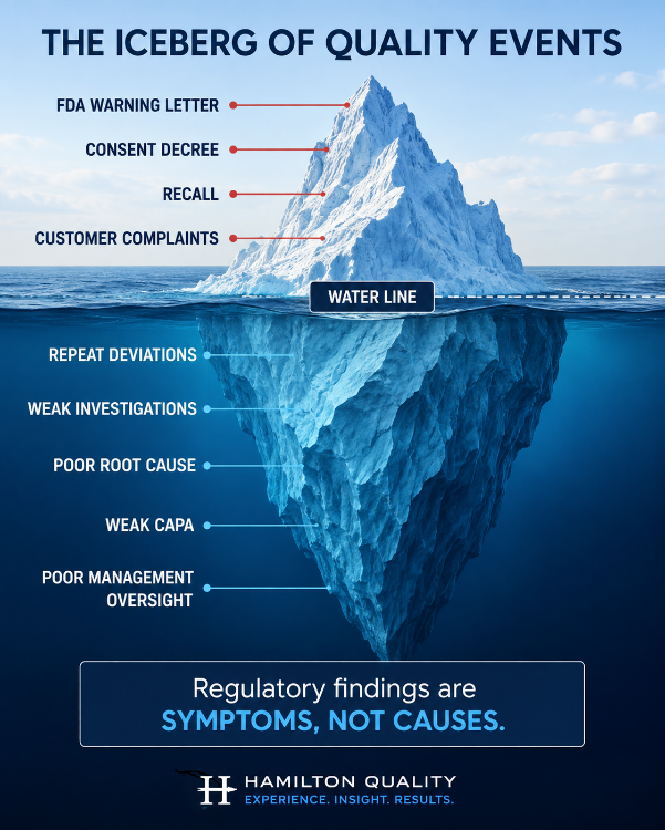 Iceberg of quality events showing visible regulatory findings above the waterline and underlying investigation, CAPA, and management weaknesses below.