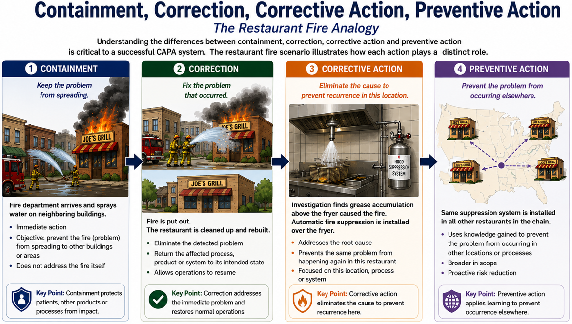 Restaurant fire analogy distinguishing containment, correction, corrective action, and preventive action.