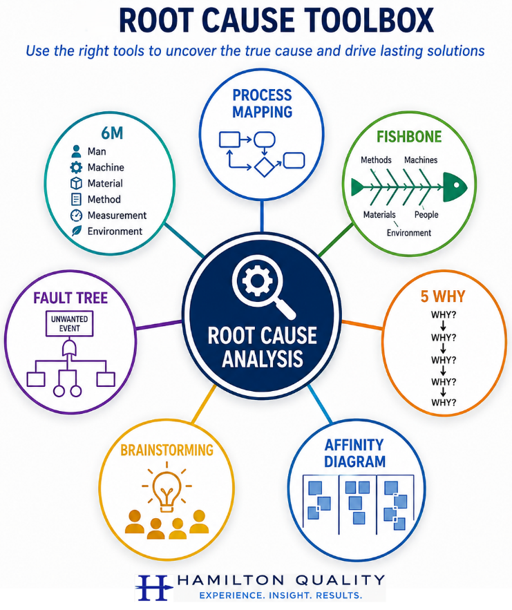 Root cause analysis toolbox showing process mapping, 6M, fishbone, 5 Whys, affinity diagrams, brainstorming, and fault tree analysis.
