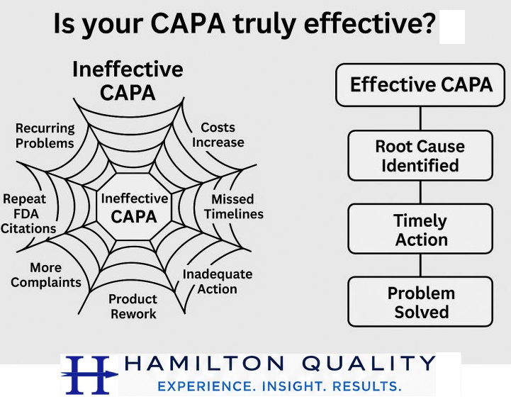 Comparison of ineffective CAPA with recurring problems and effective CAPA that identifies root cause, takes timely action, and solves the problem.